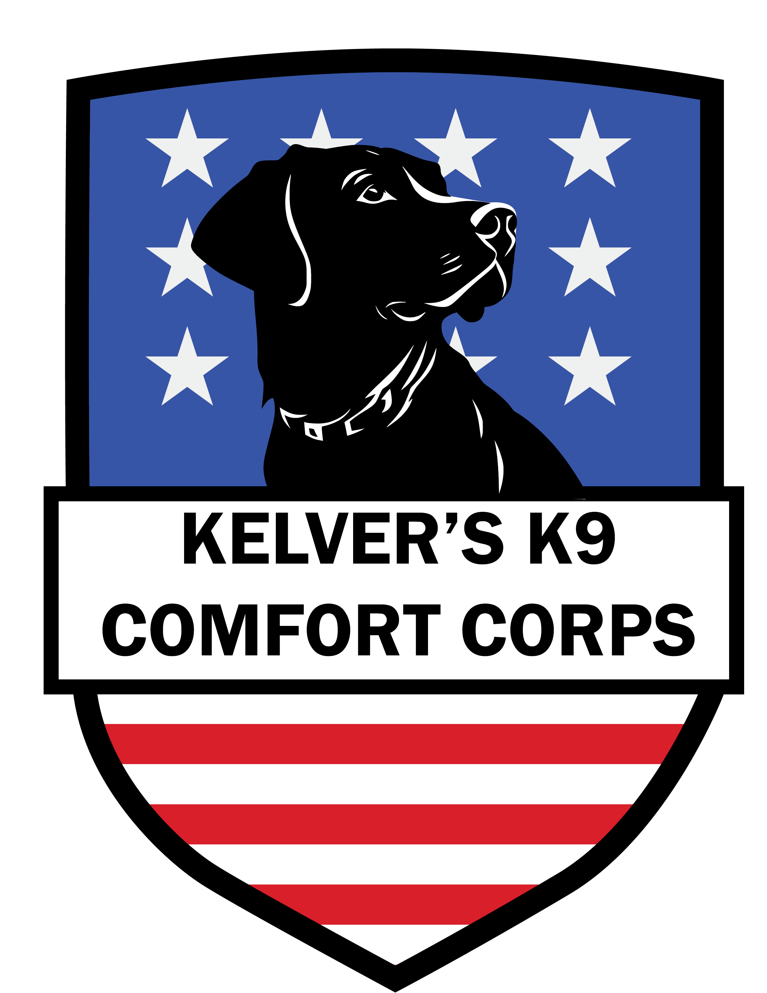 Service dog looking to the right in front of a blue with white stars background similar to the USA flag. The words "Kelver's K9 Comfort Corps" appear in black on a white background above a section of red and white stripes to complement the blue and stars background